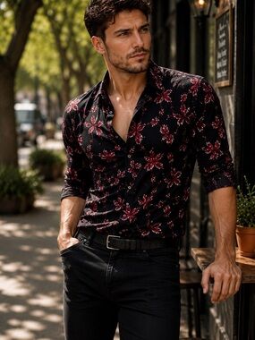 The Kooples Black Shirt with Burgundy Floral Pattern